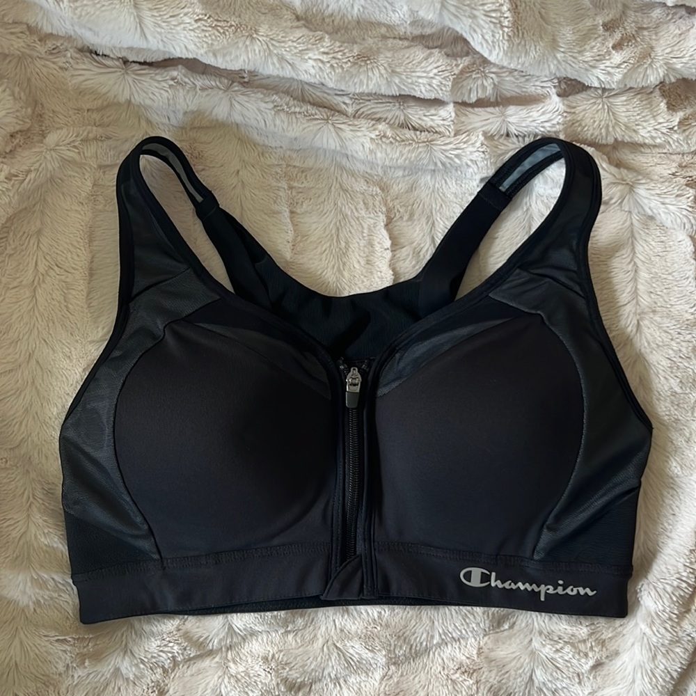 Black Champion Women’s Sports Bra, motion zip front - 34C